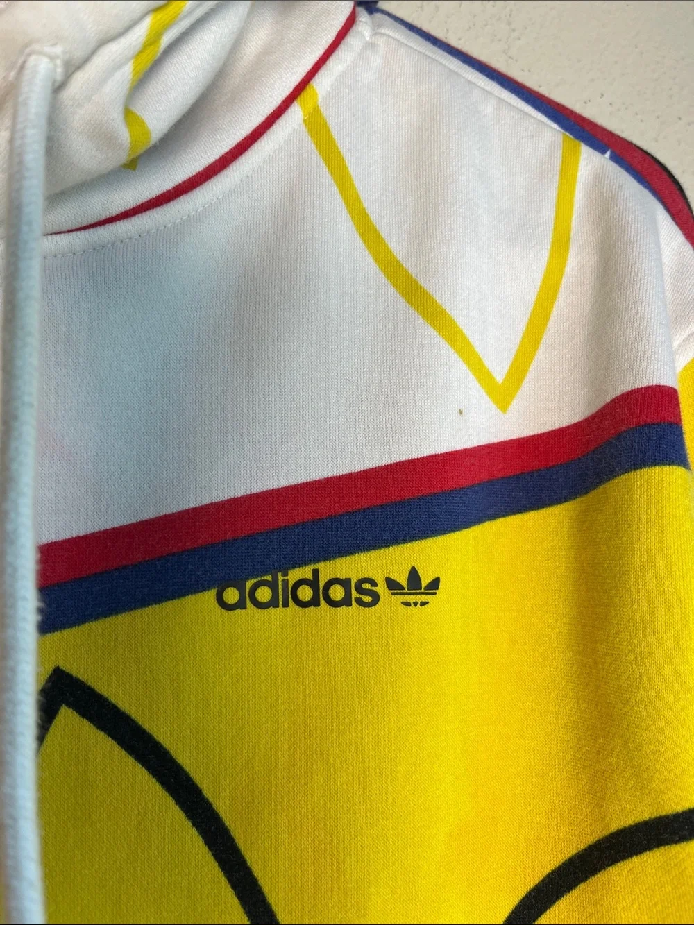 adidas Multi-Color Trefoil Graphic Hoodie - White, Yellow, Red, Navy 20” P2P
